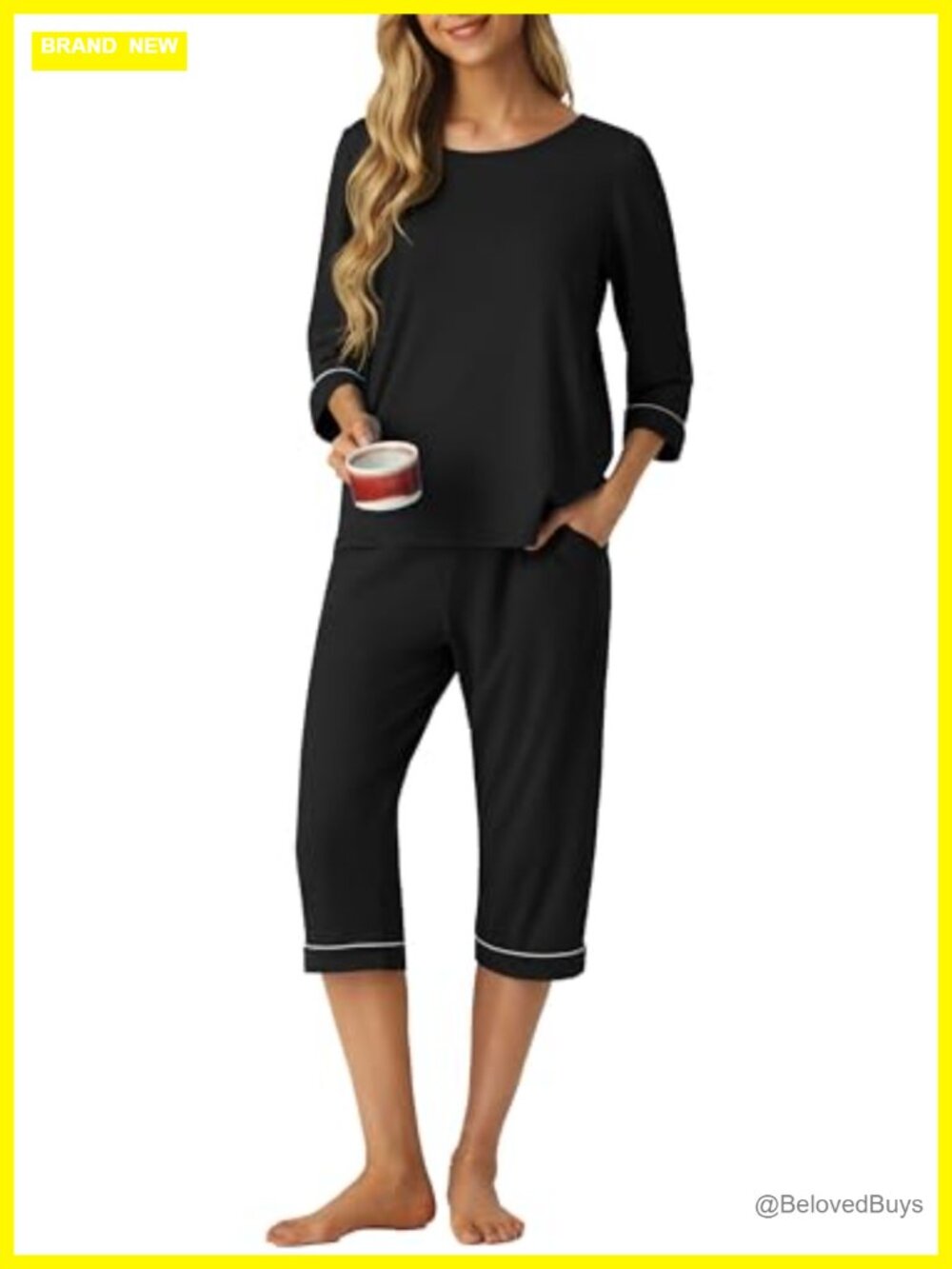 PrinStory Womens Pajama Set 2 Piece Capri Lounge Set Soft 3/4 Sleeve Pjs